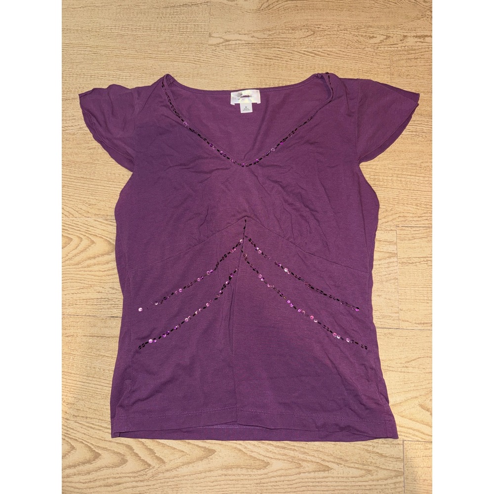 Ann Taylor Loft Purple Sequin V-Neck Flutter Sleeve Knit Top Medium